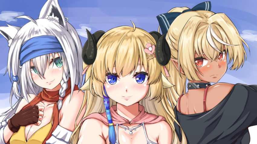 3girls ahoge animal_ear_fluff animal_ears aqua_eyes back bakatare_(hololive) black_choker black_shirt blonde_hair blue_bow blue_eyes blue_sky blush bow braid breasts brown_gloves choker cleavage closed_mouth cloud cloudy_sky commentary cosplay dark-skinned_female dark_skin day earrings elf final_fantasy final_fantasy_x final_fantasy_x-2 fingerless_gloves fox_ears gloves gunner_(final_fantasy) hair_between_eyes hair_bobbles hair_ornament hairbow hairclip hand_on_own_chest haruka_kuromiya headband hololive horns jewelry lips long_hair looking_at_another looking_at_viewer looking_back looking_to_the_side making-of_available medium_breasts multicolored_hair multiple_girls off-shoulder_shirt off_shoulder outdoors paine_(ff10) paine_(ff10)_(cosplay) pointy_ears ponytail red_eyes red_scarf rikku_(ff10) rikku_(ff10)_(cosplay) scarf sheep_ears sheep_girl sheep_horns shirakami_fubuki shiranui_flare shirt side_braid sky sleeveless smile streaked_hair studded_choker thief_(final_fantasy) tsunomaki_watame two-tone_hair upper_body virtual_youtuber white_hair yuna_(ff10) yuna_(ff10)_(cosplay)