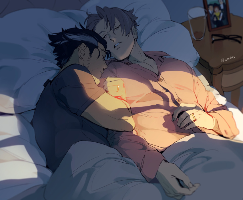 2boys afterglow alternate_facial_hair bedroom black_hair blanket closed_eyes commentary couple curtained_hair english_commentary facial_hair glass glasses glint gyakuten_saiban head_on_pillow highres husband_and_husband indoors jewelry lying male_focus miles_edgeworth multiple_boys naruhodou_ryuuichi on_back on_bed on_side pectoral_cleavage pectorals photo_(object) picture_frame pillow ring shirt short_hair sideburns_stubble sleeping sparse_stubble stubble under_covers wedding_ring white_hair worvies yaoi