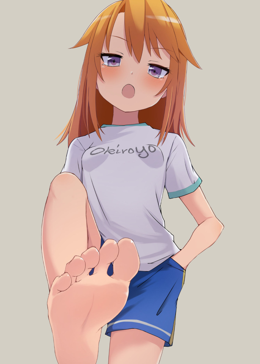 aketa_chika barefoot blue_shorts blush breasts clothes_writing commentary_request cowboy_shot feet female foot_focus foreshortening hand_in_pocket highres idolmaster idolmaster_cinderella_girls looking_at_viewer medium_hair open_mouth orange_hair presenting_foot purple_eyes shorts small_breasts soles solo toes tomboy yuuki_haru