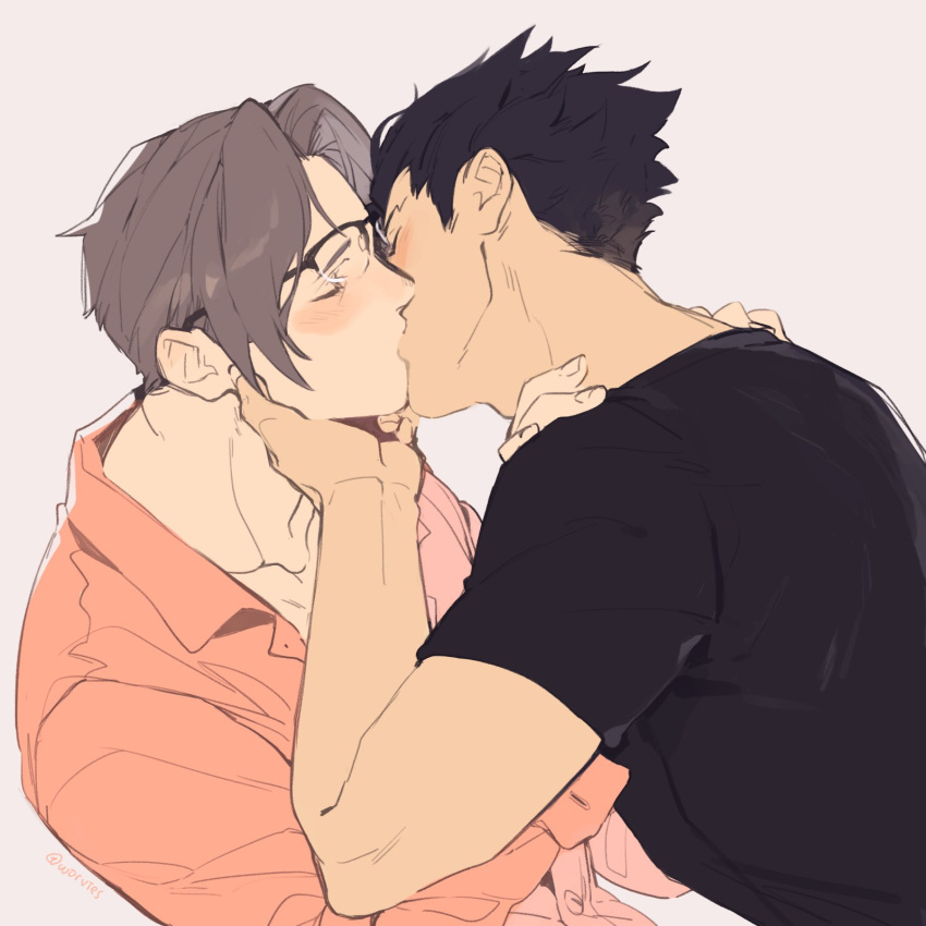 2boys black_hair black_shirt blush closed_eyes couple curtained_hair glasses gyakuten_saiban hand_on_another's_face highres kissing male_focus miles_edgeworth multiple_boys naruhodou_ryuuichi pink_shirt shirt short_hair simple_background upper_body white_hair worvies yaoi