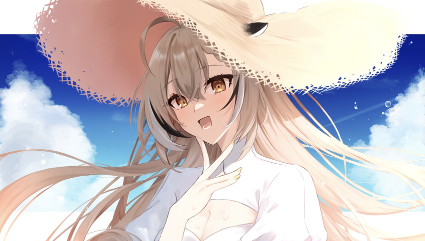 absurdres ahoge black_hair blue_sky blush breasts brown_eyes brown_hair cleavage_cutout clothing_cutout cloud female finger_to_own_chin hat highres hololive hololive_english long_hair looking_at_viewer mashiro_io medium_breasts multicolored_hair nanashi_mumei nanashi_mumei_(1st_costume) open_mouth shirt sky straw_hat streaked_hair virtual_youtuber white_hair white_shirt