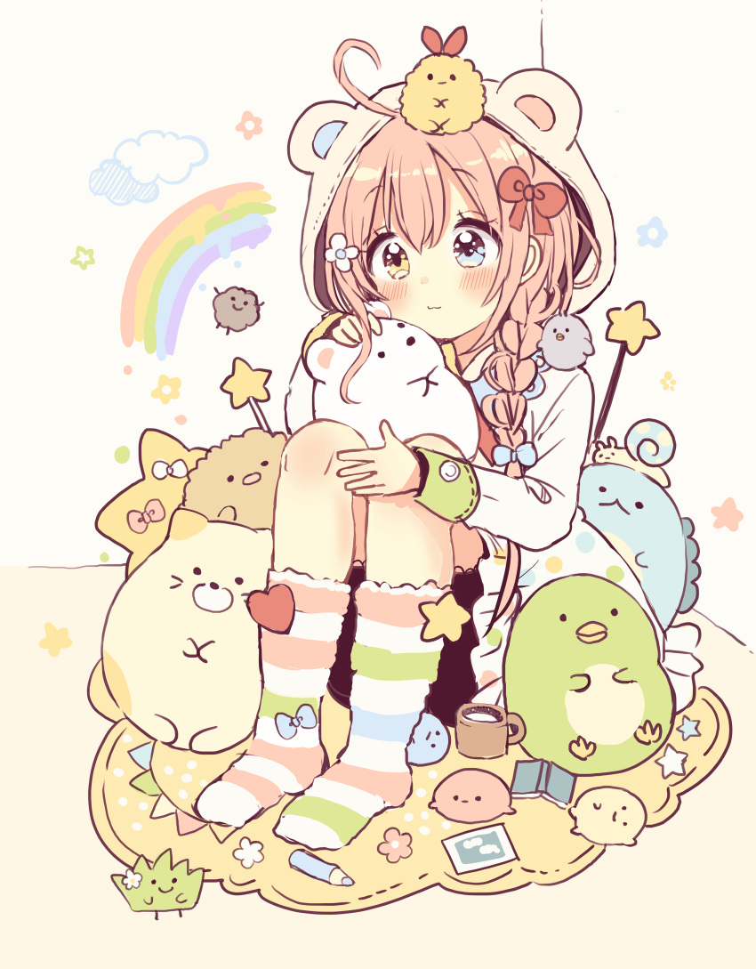 absurdres ahoge animal animal_ears animal_hood bird blue_bow blue_eyes blush bow braid brown_eyes closed_mouth cloud commentary_request dress ebifurai_no_shippo_(sumikko_gurashi) fake_animal_ears feline female floral_background grey_background hair_over_shoulder hairbow heart heterochromia highres hiyoko?_(sumikko_gurashi) hokori_(sumikko_gurashi) hood hood_up knees_up light_smile long_hair long_sleeves neko_(sumikko_gurashi) nisetsumuri_(sumikko_gurashi) no_shoes original penguin?_(sumikko_gurashi) pink_hair rainbow red_bow sakura_oriko shirokuma_(sumikko_gurashi) sitting socks solo star_(symbol) striped_clothes striped_socks sumikko_gurashi tapioca_(sumikko_gurashi) tokage_(sumikko_gurashi) tonkatsu_(sumikko_gurashi) white_dress zassou_(sumikko_gurashi)