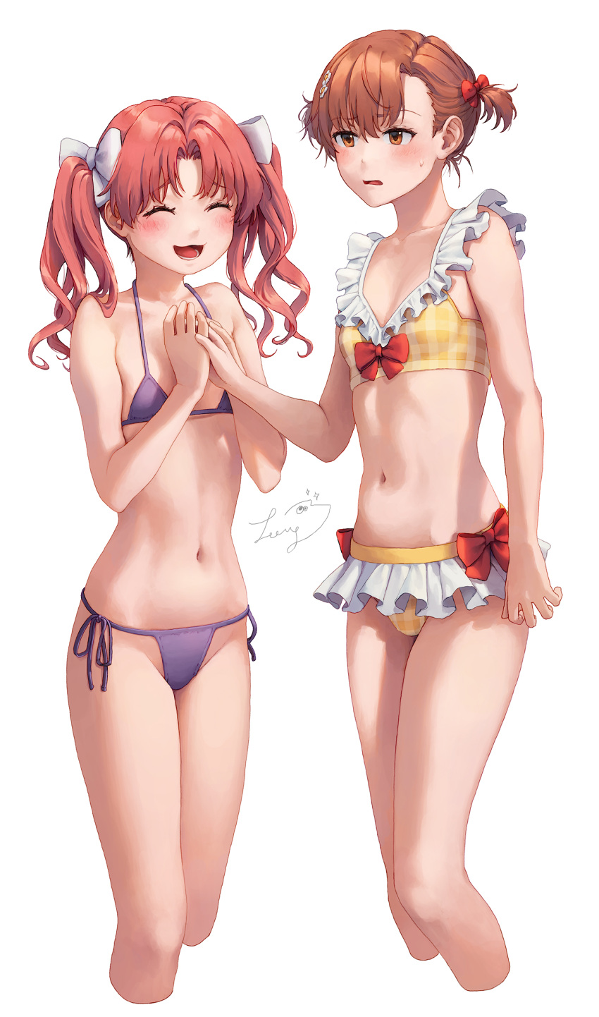 2girls :3 absurdres alternate_hairstyle artist_name bad_id bad_pixiv_id bare_shoulders bikini blush bow bow_bikini breasts brown_eyes brown_hair closed_eyes collarbone commentary cropped_legs embarrassed frilled_bikini frills hairbow happy highres holding_hands long_hair midriff misaka_mikoto multiple_girls navel nyamunyamu open_mouth parted_lips plaid plaid_bikini purple_bikini red_bow shirai_kuroko short_hair short_twintails side-tie_bikini_bottom signature simple_background small_breasts smile swimsuit toaru_kagaku_no_railgun toaru_majutsu_no_index twintails unhappy white_background white_bow yellow_bikini