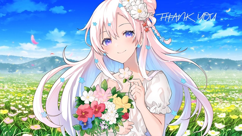 blue_flower blush commentary english_commentary female flower hair_flower hair_ornament holding holding_flower indie_virtual_youtuber kgr lyrica_(vtuber) mountain outdoors pink_flower purple_eyes red_flower second-party_source shirt sky solo thank_you virtual_youtuber white_shirt