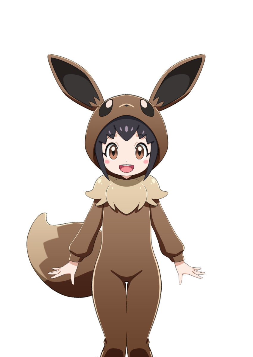 :d black_hair blush_stickers brown_eyes commentary_request cosplay eevee eevee_(cosplay) eevee_ears eevee_tail female highres hood hood_up ika_daishougun lolicon long_sleeves looking_at_viewer onesie open_mouth poke_kid_(pokemon) pokemon pokemon_swsh short_hair simple_background smile solo teeth thigh_gap tongue upper_teeth_only white_background