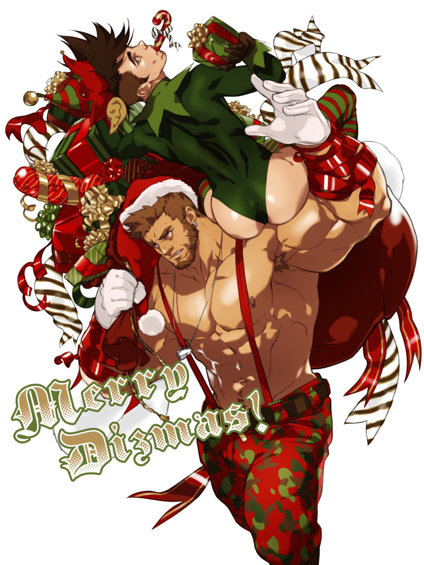 2boys abs arm_up armpit_hair bara beard biceps body_hair bodysuit box brown_eyes bulge camouflage camouflage_pants candy candy_cane cayden_(dizdoodz) chest_hair christmas dizdoodz earrings english_text facial_hair feet_out_of_frame food gift gift_bag gift_box gloves green_bodysuit hat highres jewelry large_pectorals light_brown_hair looking_to_the_side male_focus mature_male merry_christmas multiple_boys muscular muscular_male navel nipples on_shoulder original over_shoulder pants pectorals red_pants santa_costume santa_hat short_hair stomach suspenders thick_thighs thighs topless_male white_background white_gloves