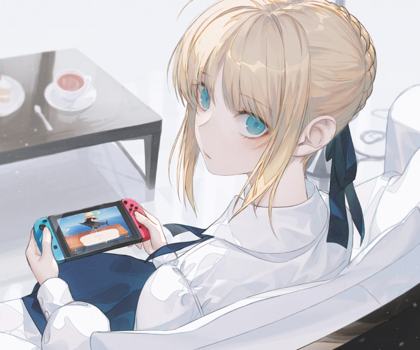 aqua_eyes artoria_pendragon_(all) blonde_hair blush braids close couch cropped doubutsu_no_mori drink fate/stay_night fate_(series) game_console ribbons saber shirt short_hair waifu2x wanke