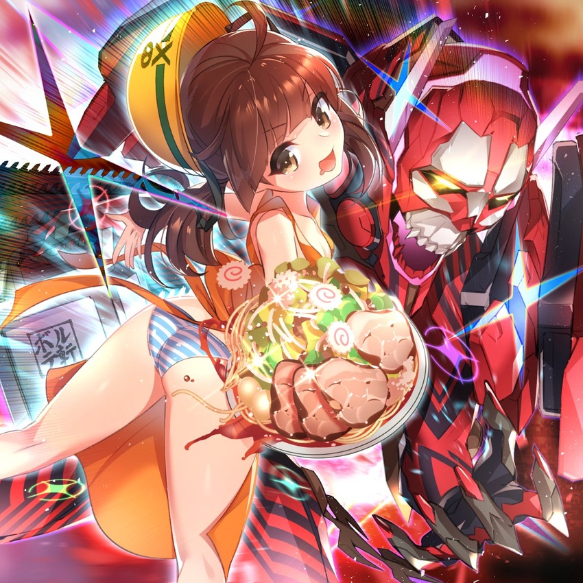 ahoge apron ass bowl breasts brown_hair female food food_delivery_box fu-mi.a hard_hat helmet highres holding holding_bowl kamaboko looking_at_viewer meat mecha narutomaki noodles okamochi_(container) open_mouth orange_apron panties ramen riot_destrudo robot small_breasts sound_voltex striped_clothes striped_panties underwear yamashina_kanade yellow_eyes