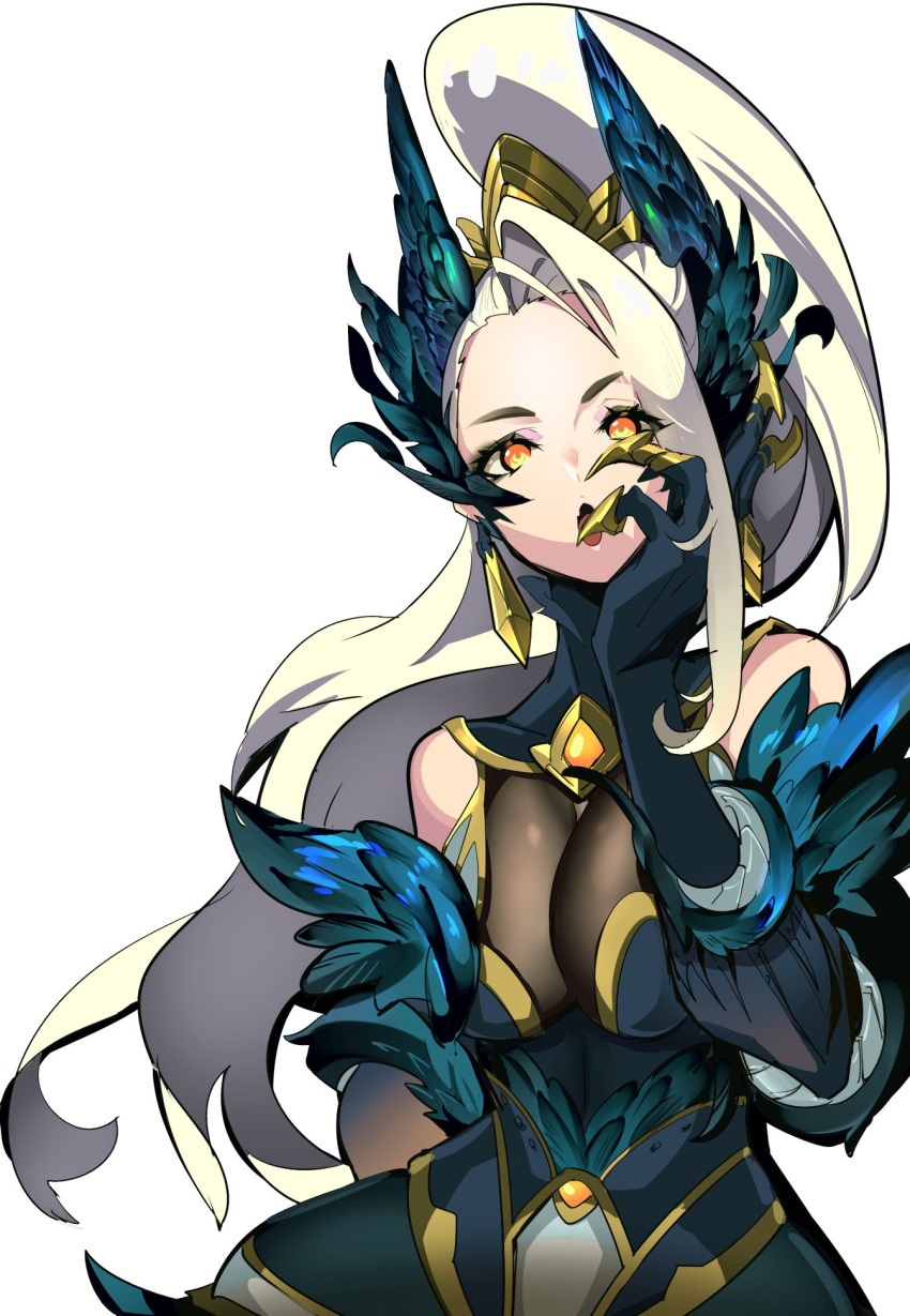 arm_behind_back bare_shoulders blonde_hair claws coven_zyra covered_navel earrings feather_trim feathers female highres jewelry league_of_legends long_hair mknnkm2 open_mouth orange_eyes platinum_blonde_hair ponytail simple_background single_earring solo tongue white_background zyra