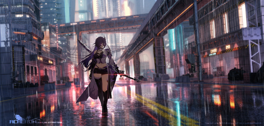 absurdres acheron_(honkai:_star_rail) asymmetrical_footwear black_choker black_gloves black_shorts boots breasts chains character_name choker cityscape cleavage coat coattails detached_sleeves female full_body game_screenshot_inset gloves glowing glowing_eye hair_over_one_eye highres honkai:_star_rail honkai_(series) leg_tattoo long_hair midriff mixed_media multicolored_hair navel nid417 purple_eyes purple_hair rain road_sign scabbard sheath sheathed short_shorts shorts sign single_bare_shoulder solo standing stomach streaked_hair sword tattoo thigh_boots train weapon white_coat