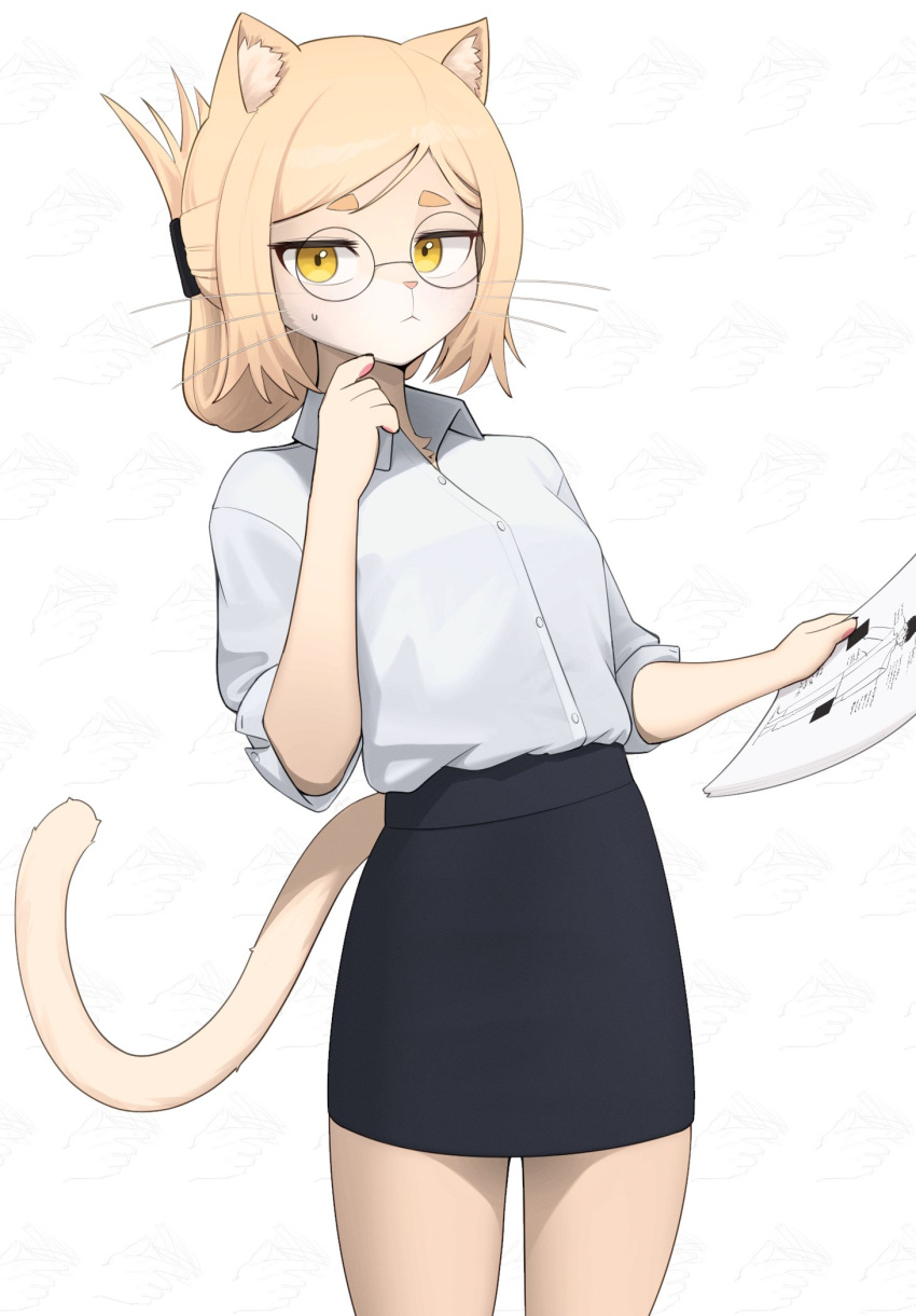 anthro blonde_hair blouse bottomwear breasts clothed clothing domestic_cat eyewear felid feline felis female fluffy glasses hair hair_bun hi_res hitoner holding_object inner_ear_fluff jeifier mammal medium_breasts miss_tonerico paper pawpads pencil_skirt skirt solo tail topwear tuft whiskers yellow_body yellow_eyes