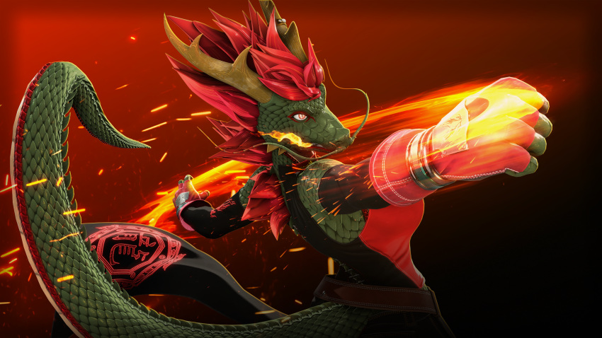 16:9 3d_(artwork) 5_fingers anthro blender_(artwork) bras_(petruz) breasts clothed clothing digital_media_(artwork) dragon eastern_dragon female fingerless_gloves fingers fire fist flaming_fist gloves green_body green_scales hair handwear hi_res humanoid_hands mythological_creature mythological_scalie mythology petruz petruz_(copyright) punch red_hair scales scalie solo tail teeth widescreen