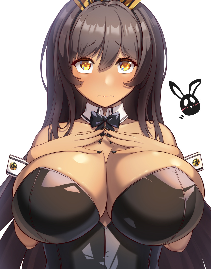 animal_ears bare_shoulders black_bow black_bowtie black_leotard black_nails bow bowtie breasts brown_hair cleavage closed_mouth collarbone commentary_request dark-skinned_female dark_skin detached_collar fake_animal_ears female goddess_of_victory:_nikke hair_between_eyes hands_on_own_chest highres large_breasts leotard long_hair looking_at_viewer luupechi noir_(nikke) playboy_bunny rabbit_ears sidelocks simple_background solo strapless strapless_leotard upper_body white_background wrist_cuffs yellow_eyes