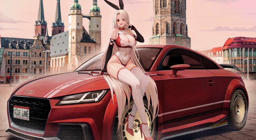 :d absurdres alternate_costume audi audi_tt azur_lane bare_shoulders black_gloves black_ribbon breasts car character_name church cleavage clothes_writing commentary copyright_name covered_collarbone covered_navel dusk elbow_gloves female fingerless_gloves full_body germany gloves hair_between_eyes hair_ribbon halle_(city) high_heels highres kcar66t large_breasts leotard license_plate location_request long_hair looking_at_viewer marktkirche_unser_lieben_frauen mole mole_under_eye motor_vehicle open_mouth outdoors parted_bangs prinz_heinrich_(azur_lane) product_placement race_queen real_world_location red_eyes red_footwear red_leotard red_nails ribbon sidelocks sitting sitting_on_car skindentation smile solo thighhighs two-tone_leotard v very_long_hair white_hair white_leotard white_thighhighs