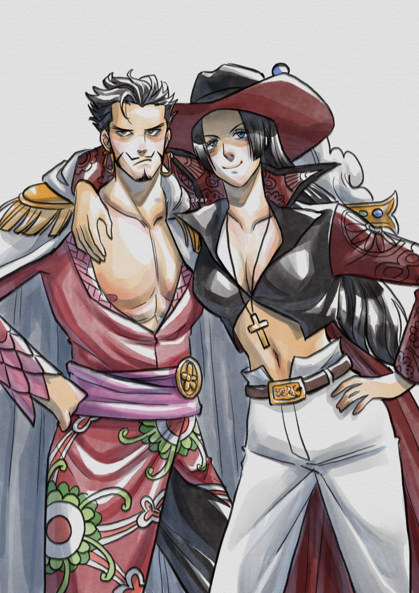 1boy absurdres arm_around_shoulder belt black_hair blue_eyes boa_hancock boa_hancock_(cosplay) breasts cleavage closed_mouth coat cosplay costume_switch cross cross_pendant dracule_mihawk dracule_mihawk_(cosplay) earrings english_commentary facial_hair female hand_on_own_hip hat hat_feather highres huge_breasts jewelry large_breasts long_hair long_sleeves looking_at_viewer manofbeskar midriff moustache navel necklace nipples no_bra one_piece pants pectorals short_hair shoulder_pads skirt smile snake_earrings standing sword very_long_hair weapon white_pants yellow_eyes yoru_(sword)