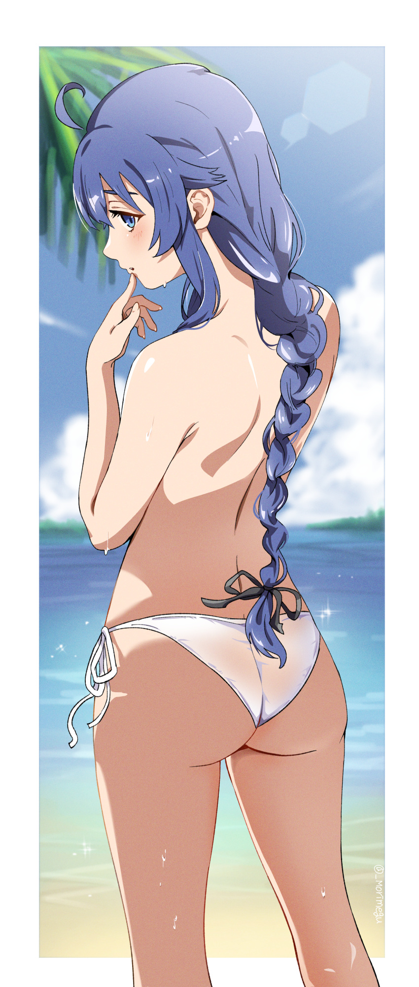 absurdres ahoge ass back beach bikini bikini_bottom_only blue_eyes blue_hair blue_sky commentary_request day female finger_to_mouth from_behind hand_up highres horizon kneepits long_braid long_hair looking_at_viewer looking_back morime mushoku_tensei non-circular_lens_flare ocean outdoors palm_tree roxy_migurdia shoulder_blades side-tie_bikini_bottom sky solo standing swimsuit thighs topless tree white_bikini