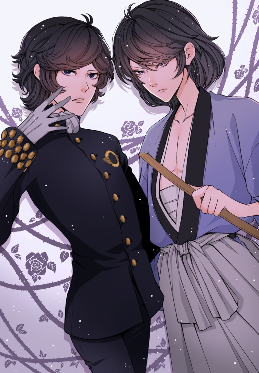 2boys androgynous ascot bare_pectorals black_hair blue_eyes blue_kimono floral_print flower gloves gold_buttons gradient_background grey_eyes hakama highres ishikawa_goemon_xiii japanese_clothes key_r_kenway kimono lupin_iii lupin_the_third:_mine_fujiko_to_iu_onna multiple_boys oscar_(lupin_iii) otoko_no_ko pectorals police police_uniform rose rose_print sarashi sheath short_hair thorns uniform white_ascot white_gloves