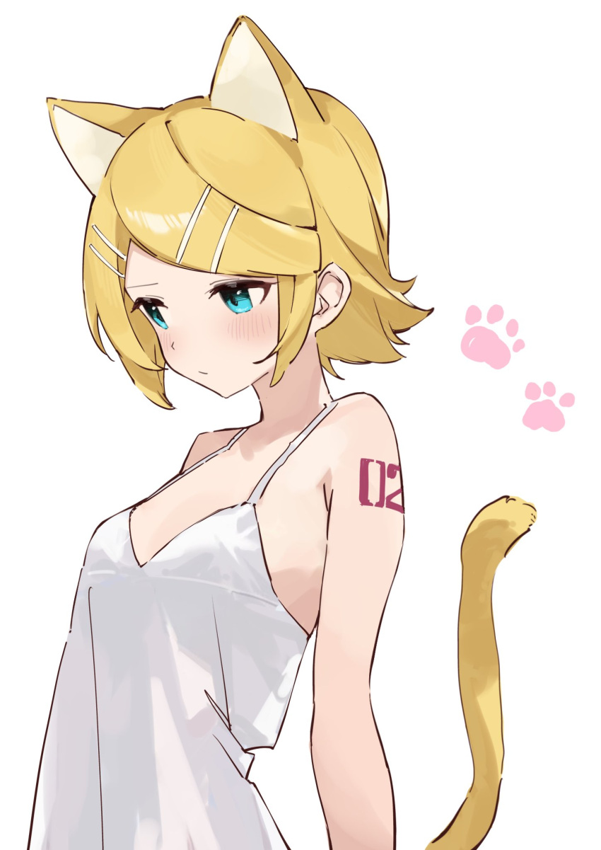 animal_ears blonde_hair blue_eyes blush breasts cat_ears cat_tail dress female hair_ornament hairclip highres kagamine_rin looking_to_the_side paw_print rakugaki_ningen short_hair sleeveless sleeveless_dress small_breasts solo tail vocaloid