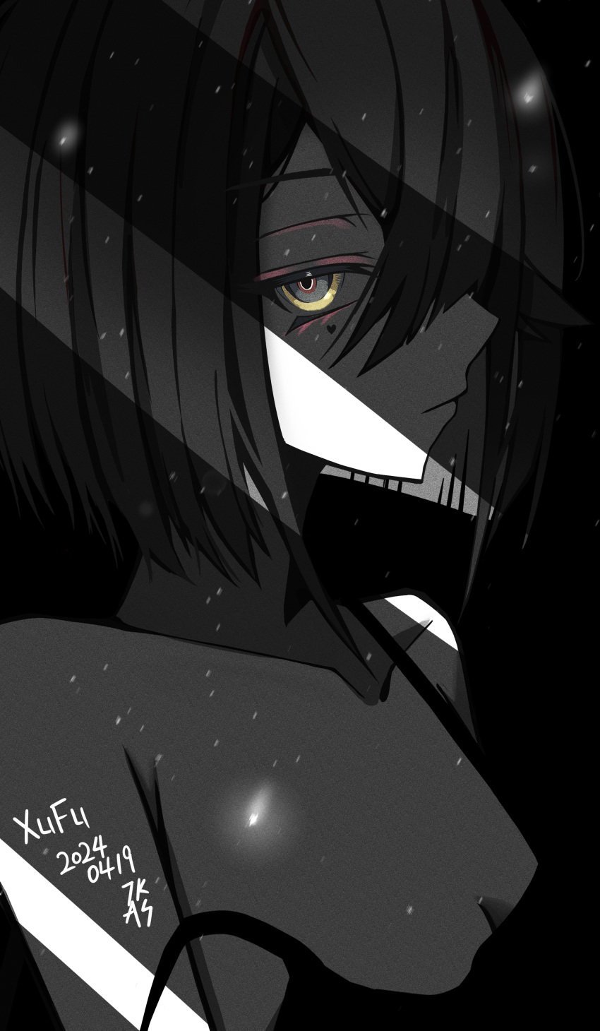 absurdres breasts character_name dark dated fate/grand_order fate_(series) female greyscale hair_over_one_eye highres mole mole_under_eye monochrome signature small_breasts spot_color strap_slip tsukaasa xu_fu_(fate)