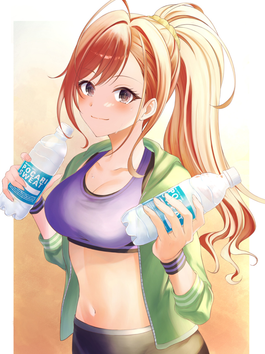 ahoge arisugawa_natsuha blush bottle breasts cleavage collarbone female gradient_background green_jacket highres holding holding_bottle hood hooded_jacket idolmaster idolmaster_shiny_colors jacket light_smile looking_at_viewer medium_breasts midriff navel orange_hair pocari_sweat ponntatta ponytail purple_sports_bra simple_background solo sports_bra sweat wristband