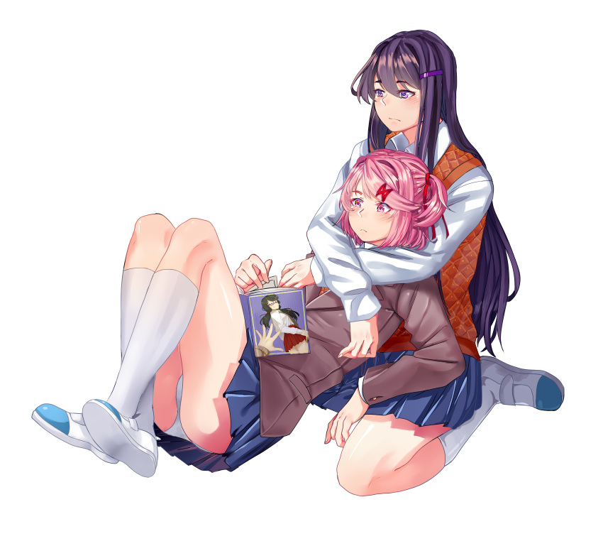 2girls blue_skirt blush book commentary crossed_ankles crossed_arms doki_doki_literature_club frown full_body grey_jacket gygerbeen_rtl06 hair_between_eyes hair_ornament hair_ribbon hairclip highres hug hug_from_behind jacket kneehighs long_hair long_sleeves lying manga_(object) multiple_girls natsuki_(doki_doki_literature_club) panties pantyshot pink_eyes pink_hair pleated_skirt purple_eyes purple_hair reading red_ribbon ribbon school_uniform shirt shoes short_hair simple_background sitting skirt socks two_side_up underwear uwabaki very_long_hair white_background white_footwear white_panties white_shirt white_socks yuri yuri_(doki_doki_literature_club)