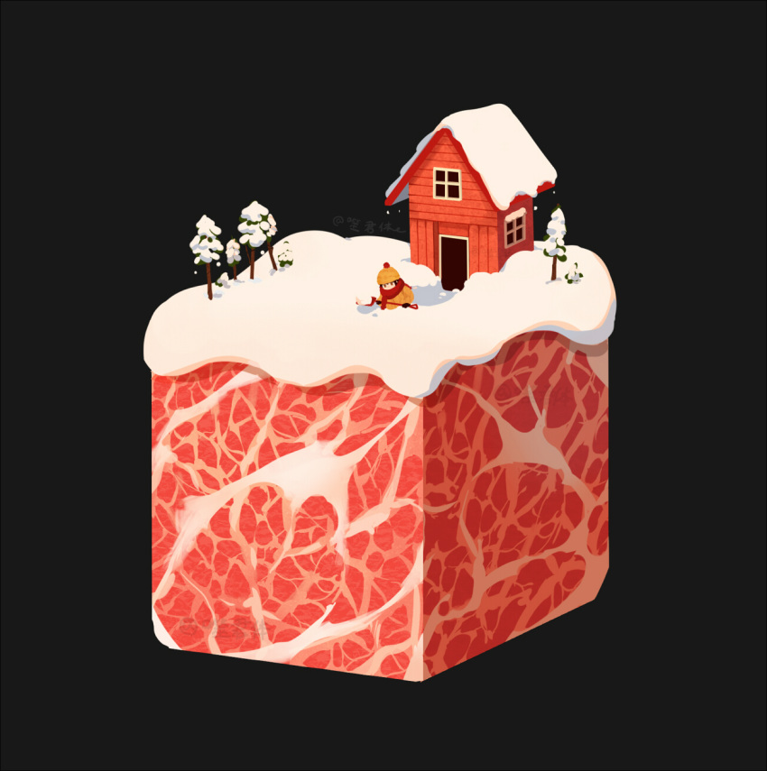 artist_name black_background coat commentary food hat highres house meat original red_scarf scarf shi_jun_ti shovel snow solo tree what winter_clothes yellow_hat