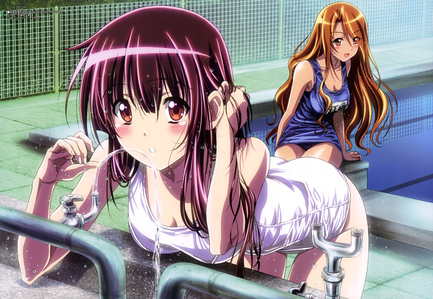 2girls :o absurdres amami_hibiki bent_over blush brown_eyes brown_hair esumi_kyouko eyewash_station faucet highres leaning_forward long_hair megami_magazine multiple_girls non-web_source official_art one-piece_swimsuit oofuji_reiichirou pool poolside re-kan! school_swimsuit sitting starting_block swimsuit very_long_hair water wet white_one-piece_swimsuit