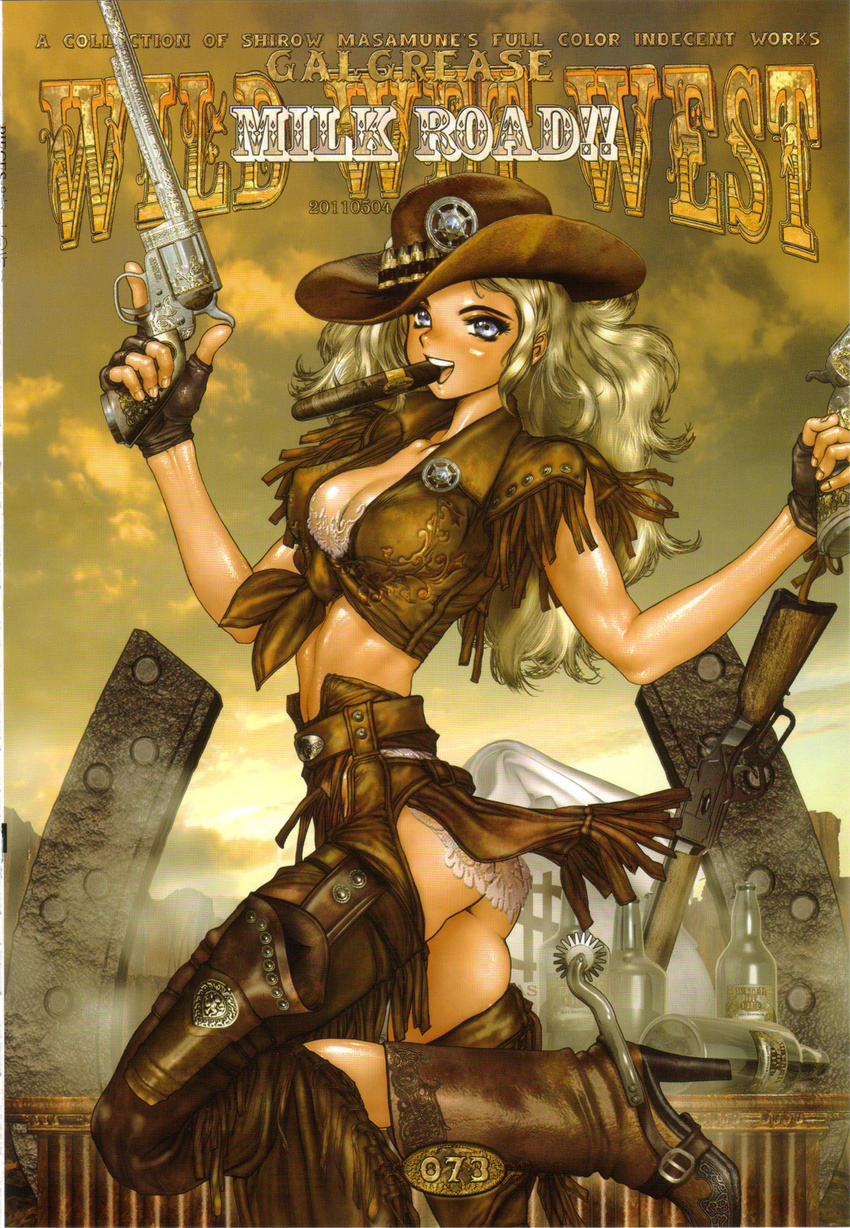 blonde_hair blue_eyes boots cigar cowboy_boots cowboy_hat cowboy_western dual_wielding female fingerless_gloves gloves gun hat highres holding juliona_trans looking_at_viewer photoshop_(medium) shiny_skin shirow_masamune weapon wild_wet_west