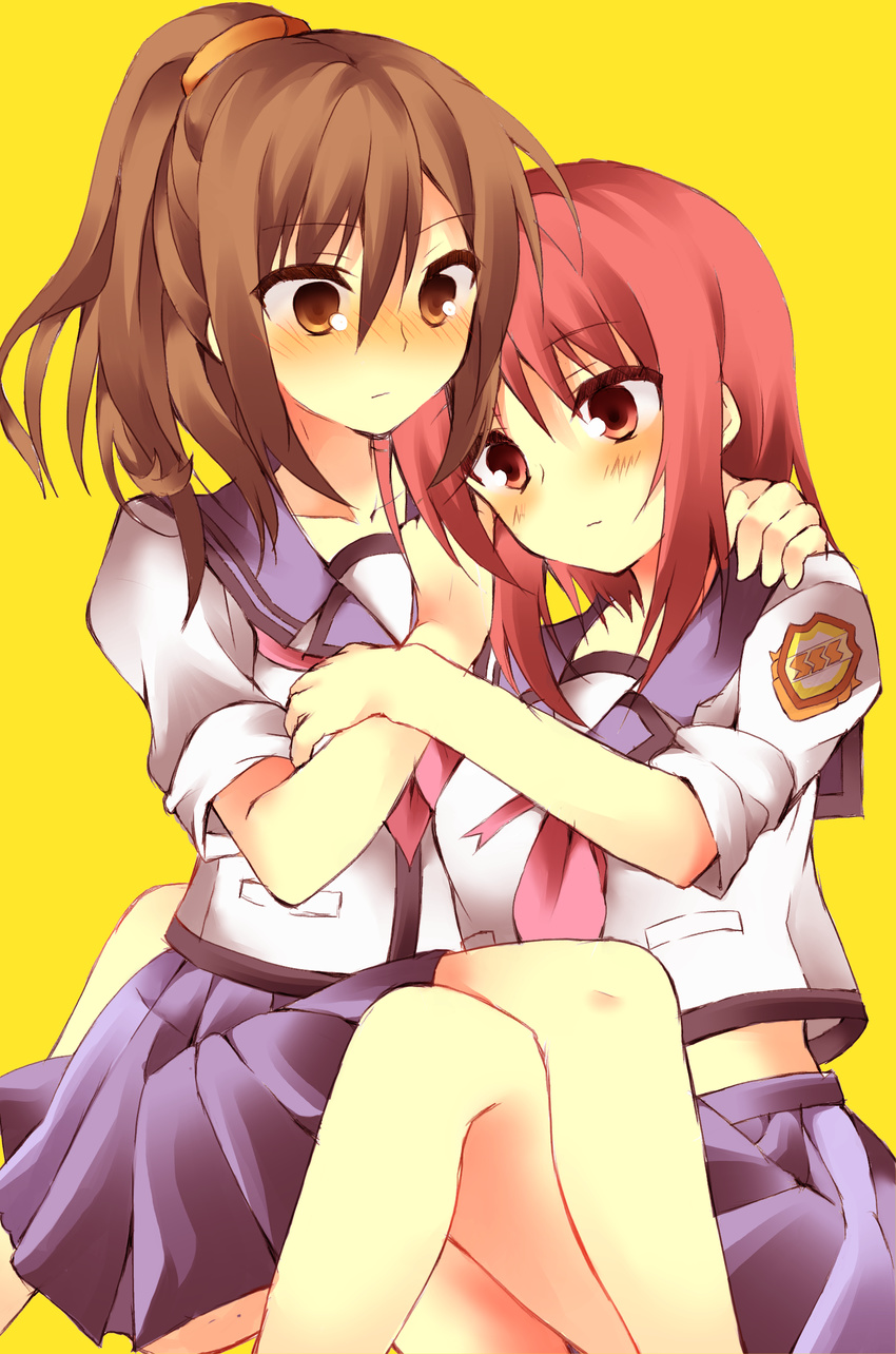 2girls absurdres akafuku_pukoemon angel_beats! bad_id bad_pixiv_id brown_eyes brown_hair highres hisako_(angel_beats!) iwasawa_masami long_hair multiple_girls ponytail red_eyes red_hair school_uniform serafuku shinda_sekai_sensen_uniform short_hair sleeves_rolled_up yuri