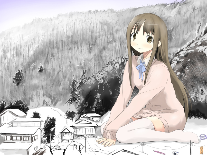 between_legs blush bow bowtie brown_eyes brown_hair commentary_request eraser female giant giantess hand_between_legs hinata-bokko_(sanpo_fuumi) house long_hair monochrome_background nature original pencil pink_sweater scissors shirt sitting smile sweater thighhighs wariza white_thighhighs