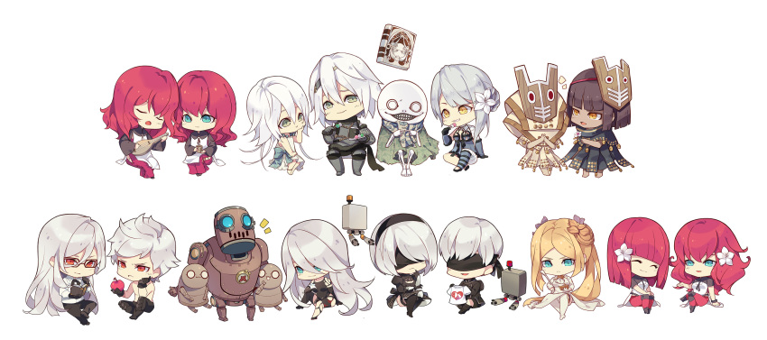 2b_(nier:automata) 5boys 6+girls 9s_(nier:automata) a2_(nier:automata) adam_(nier:automata) apple bandaged_arm bandaged_leg bandages black_blindfold black_hairband blindfold blonde_hair blue_eyes book brother_and_sister brown_hair chibi chinese_commentary commander_(nier:automata) commentary_request covered_eyes dango devola dress dual_persona emil_(nier) eve_(nier:automata) flower food fruit fyra glasses gloves green_eyes grimoire_weiss hair_flower hair_ornament hairband highres kaine_(nier) kllsiren lingerie lunar_tear machine_(nier) mask mask_on_head masked_king mole mole_under_mouth multiple_boys multiple_girls negligee nier nier:automata nier_(brother) nier_(series) pascal_(nier:automata) photoshop_(medium) pod_(nier:automata) popola red_eyes red_hair scarf shirt siblings twins underwear wagashi white_hair yellow_eyes yonah