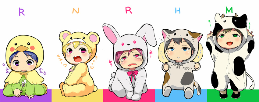 5boys aged_down animal_costume baby bad_id bad_pixiv_id bear_costume bird_costume black_hair blonde_hair blue_eyes blue_hair blush brown_hair cat_costume commentary_request costume cow_costume fangs free! full_body green_eyes hazuki_nagisa ku--ma male_focus matsuoka_rin multiple_boys nanase_haruka_(free!) open_mouth purple_eyes rabbit_costume red_eyes red_hair ryuugazaki_rei simple_background smile tachibana_makoto tears white_background