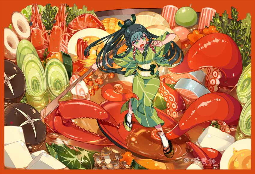 +_+ :o ankle_grab black_hair border commentary_request corn cup dango egg_(food) female fish_(food) food food_request full_body geta green_eyes green_kimono green_ribbons hair_ribbon hardboiled_egg ikura_(food) in_food japanese_clothes kamaboko kimono knees_together_feet_apart lobster long_hair looking_away looking_back looking_down mini_person minigirl mushroom obi obijime okobo onion open_mouth orange_border original ponytail ribbon rope sakazuki sandals sash shi_jun_ti shimenawa shiny shrimp solo soup standing tabi tasuki tentacle tofu very_long_hair wagashi wide_shot