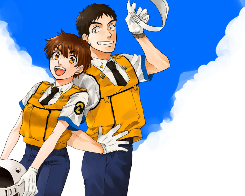 1boy aotama bad_id bad_pixiv_id black_hair blue_eyes brown_eyes brown_hair commentary_request female izumi_noa kidou_keisatsu_patlabor necktie police shinohara_asuma short_hair uniform