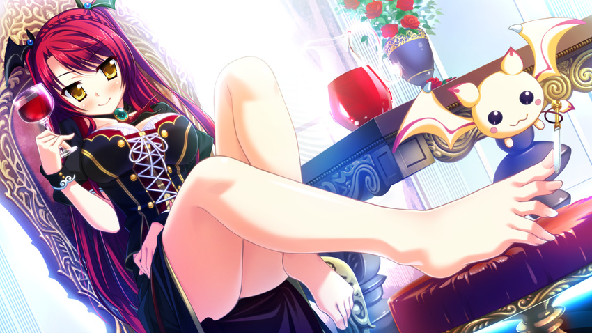 applying_pedicure barefoot blush braid breasts cup dora drinking_glass dutch_angle feet feet_on_chair female flower foreshortening game_cg gem head_wings jewelry large_breasts legs long_hair luce_yami_asutarite magical_marriage_lunatics!! non-web_source pendant pitcher_(container) red_hair rose sitting smile solo toenails toes wine_glass wings yamakaze_ran yellow_eyes