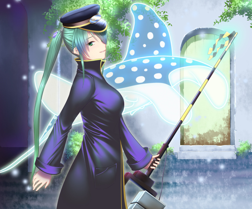 blue_hat commentary_request female green_eyes green_hair gt-apex hair_ornament hair_over_one_eye hat highres holding holding_weapon keifuku-san keifuku_(tatsuki) long_hair manta_ray outdoors photoshop_(medium) pocket ponytail sideways_glance smile sportswear standing very_long_hair weapon