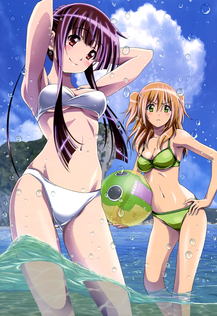 >:( 2girls absurdres amami_hibiki bikini black_hair blonde_hair breasts brown_eyes cleavage cloud day frown green_bikini green_eyes hand_on_own_hip highres inoue_narumi_(re-kan!) legs medium_breasts multiple_girls non-web_source nyantype ocean official_art outdoors re-kan! sky smile swimsuit two_side_up underboob v-shaped_eyebrows water wet white_bikini