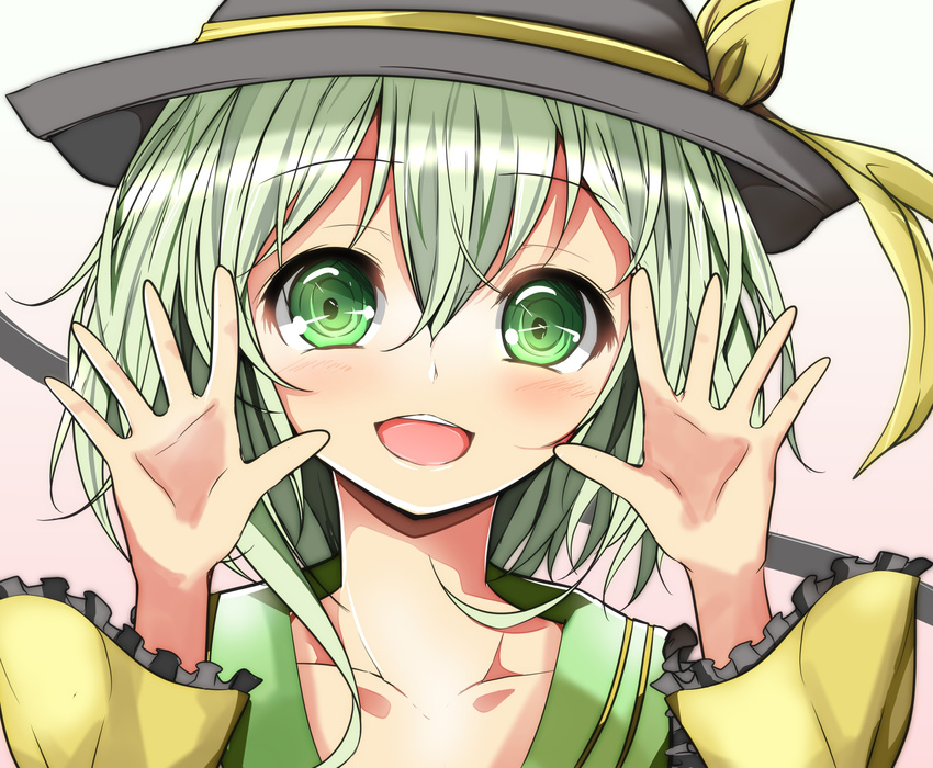 bad_id bad_pixiv_id bow collarbone female green_eyes green_hair hat hat_bow highres komeiji_koishi open_hands open_mouth solo touhou velia wide_sleeves