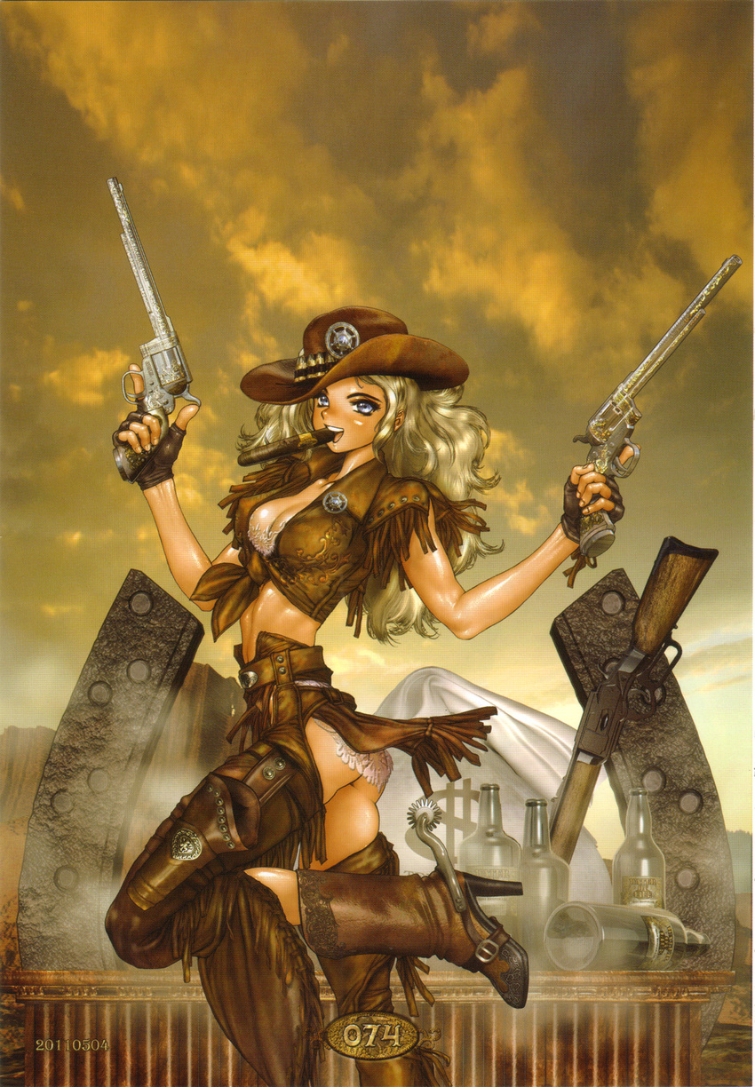 blonde_hair blue_eyes boots bottle cigar cowboy_boots cowboy_hat cowboy_western dual_wielding female fingerless_gloves gloves gun handgun hat highres holding juliona_trans looking_at_viewer photoshop_(medium) revolver rifle shiny_skin shirow_masamune weapon wild_wet_west