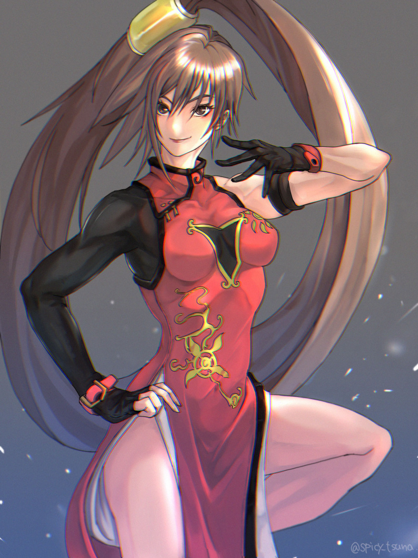 artist_name bare_shoulders breasts brown_eyes brown_hair china_dress chinese_clothes closed_mouth commentary dress female fingerless_gloves gloves gradient_background grey_background guilty_gear hair_ornament hand_on_own_hip highres kuradoberi_jam lips long_hair looking_at_viewer medium_breasts signature simple_background smile solo thighs tied_hair tsuna_(akmu8832) very_long_hair