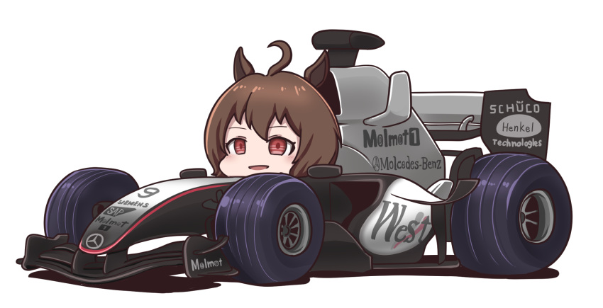 agnes_tachyon_(umamusume) ahoge animal_ears brown_hair car commentary female formula_one formula_racer highres horse_ears horse_girl mclaren mclaren_mp4-20 motor_vehicle pun race_vehicle racecar red_eyes sakusan_(ss-awesome) short_hair solo trait_connection umamusume vehicle_focus