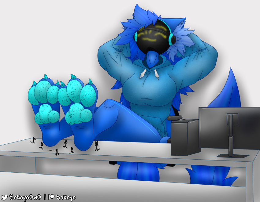 anthro armor big_breasts big_feet blue_body blue_fur bottomless breasts chair claws clothed clothing computer computer_monitor desk electronics extreme_size_difference feet female foot_fetish foot_focus freckles fur furniture hair hi_res hindpaw hoodie hoodie_only long_hair machine office_chair pawpads paws protogen size_difference sleeping sokoyo_owo solo starry_(sokoyo_owo) table tail text thick_thighs topwear topwear_only