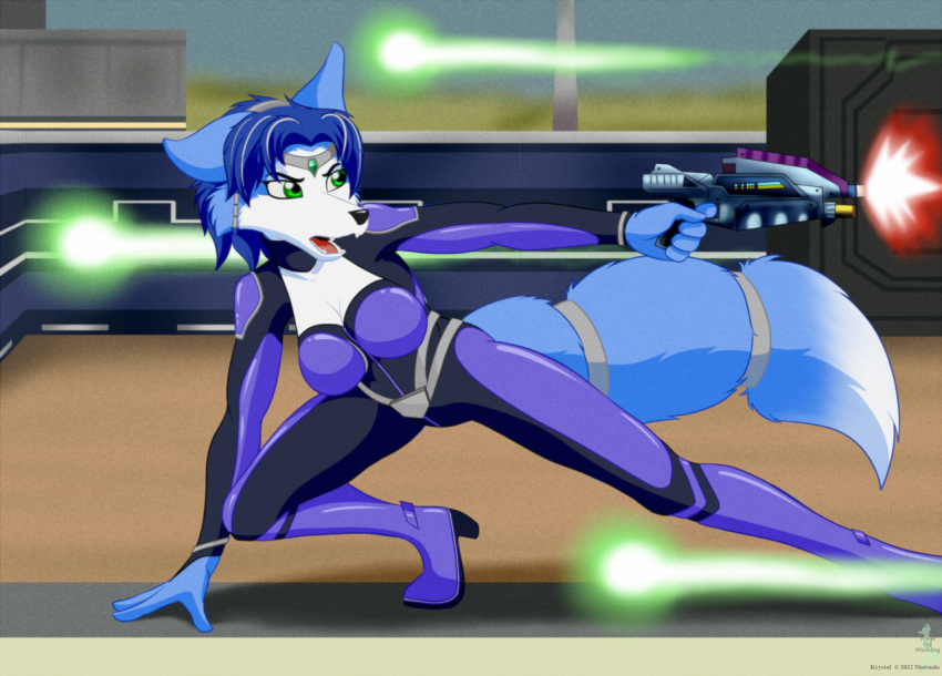 anthro blaster blue_body blue_fur blue_hair boots breasts canid canine clothed clothing crouching female firing_weapon footwear fox fur hair high_heeled_boots high_heels jorge-the-wolfdog krystal_(star_fox) krystal_appreciation_month mammal nintendo open_mouth shooting_gun solo star_fox suit weapon white_body white_fur