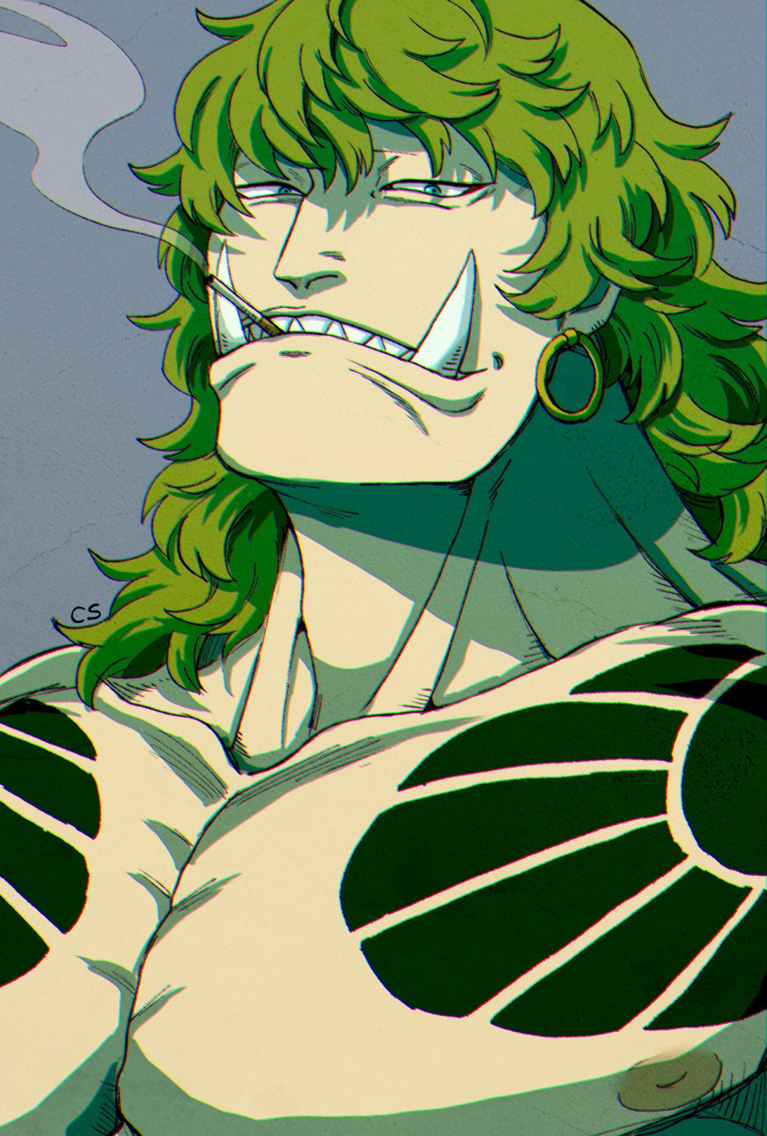 1boy blue_eyes chest_tattoo cigarette collarbone earrings gomamotsu green_hair highres jewelry looking_at_viewer male_focus mature_male medium_hair muscular muscular_male nipples one_piece pectorals sasaki_(one_piece) sharp_teeth smoking tattoo teeth upper_body