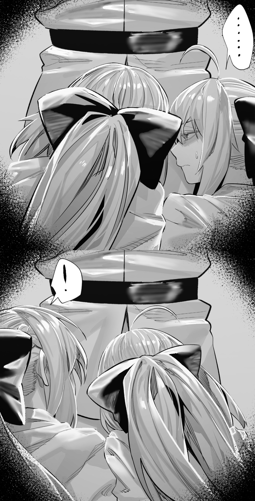 ! ... 1boy 2girls absurdres ahoge artoria_caster_(fate) artoria_caster_(second_ascension)_(fate) artoria_pendragon_(fate) breasts commentary cooperative_fellatio fate/grand_order fate_(series) fellatio ffm_threesome fujimaru_ritsuka_(male) greyscale group_sex highres hxd implied_fellatio monochrome morgan_le_fay_(fate) multiple_girls oral speech_bubble spoken_exclamation_mark straight threesome