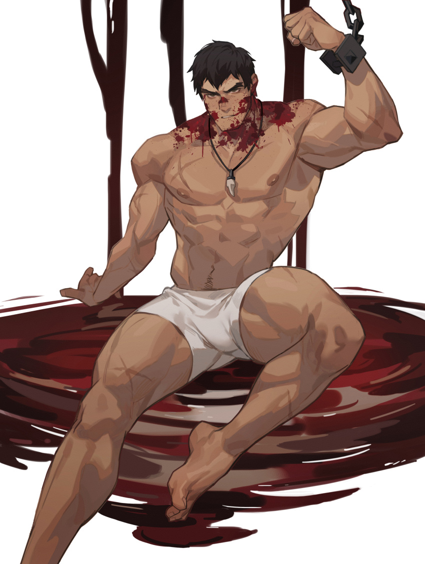 1boy abs absurdres amo9612 bara black_hair blood blood_on_face boxers bulge chained chains dark-skinned_male dark_skin davion_(dota:dragon's_blood) dota:dragon's_blood facial_hair foot_out_of_frame forked_eyebrows goatee highres large_pectorals light_blush looking_at_viewer male_focus male_underwear mature_male muscular muscular_male navel navel_hair nipples pectorals pool_of_blood scar scar_on_chest short_hair sideburns solo stomach stubble thick_thighs thighs tooth_necklace underwear underwear_only white_male_underwear