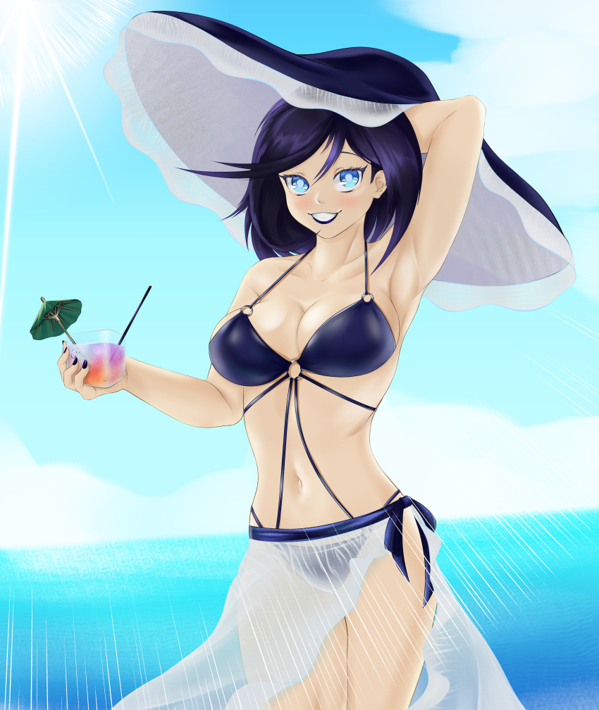 absurdres arm_behind_head badsharku bikini black_hair blue_bikini blue_eyes breasts cleavage cocktail_umbrella female girls'_frontline hat highres intruder_(girls'_frontline) large_breasts lipstick looking_at_viewer makeup nail_polish sangvis_ferri swimsuit