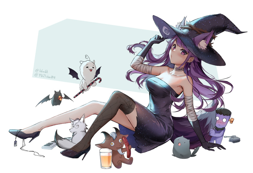 1991_(blz) alcohol animal animal_ear_fluff animal_ears arm_up bad_id bad_pixiv_id bandages bare_shoulders beer beer_mug black_dress black_footwear black_gloves black_hat black_thighhighs blush breasts checkerboard_cookie cleavage closed_mouth commentary_request cookie cup dress ears_through_headwear elbow_gloves female flower_witch food fox gloves green_background hand_on_headwear hat high_heels highres indie_virtual_youtuber long_hair medium_breasts mug nako_(flower_witch) purple_eyes purple_hair sausage shoes single_thighhigh solo strapless strapless_dress tail thighhighs thorns twitter_username two-tone_background very_long_hair virtual_youtuber white_background witch_hat