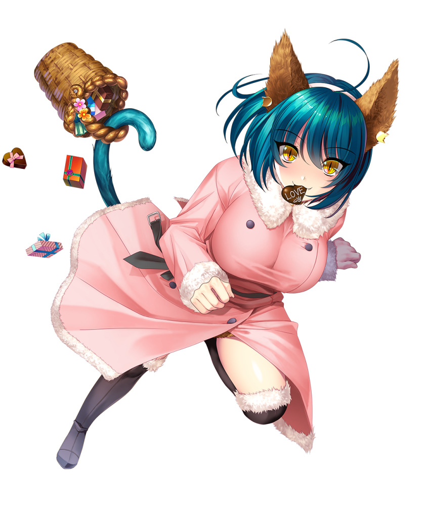 ahoge aikawa_arisa alternative_fashion animal_humanoid basket belt big_breasts black_boots black_clothing black_footwear blue_hair blue_tail blush boots breasts candy cat_humanoid chocolate clothed clothing container dessert digital_media_(artwork) earmuffs felid felid_humanoid feline feline_humanoid female food footwear full-length_portrait hair hi_res humanoid j-fashion jacket jirai_kei light_body light_skin looking_at_viewer mammal mammal_humanoid merci_(taimanin_asagi) official_art pink_clothing pink_jacket pink_topwear portrait shaded solo tail taimanin_(series) topwear white_hairband yellow_eyes