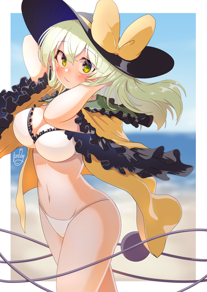 absurdres bikini black_hat blue_sky blurry blurry_background blush bow breasts cleavage closed_mouth commentary_request female frills green_eyes groin hat hat_bow highres horizon komeiji_koishi large_breasts light_green_hair long_hair navel ocean outdoors polyhedron2 signature sky solo swimsuit third_eye touhou white_bikini yellow_bow